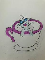 Size: 3024x4032 | Tagged: safe, artist:whistle blossom, deleted from derpibooru, derpibooru import, part of a set, ocellus, changedling, changeling, pony, cup, cup of pony, cute, diaocelles, female, looking at you, micro, open mouth, simple background, smiling, smiling at you, solo, teacup, teenager, traditional art, whistle blossom is trying to murder us, whistle blossom's teacup ponies, white background