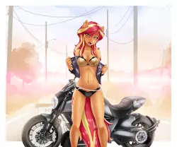 Size: 3072x2557 | Tagged: suggestive, alternate version, artist:slackerburst, derpibooru import, sunset shimmer, anthro, equestria girls, blushing, breasts, chest fluff, clothes, female, lidded eyes, looking at you, motorcycle, open clothes, open mouth, solo, solo female, underwear, undressing