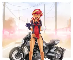 Size: 3072x2557 | Tagged: suggestive, alternate version, artist:slackerburst, derpibooru import, sunset shimmer, equestria girls, black underwear, blushing, breasts, clothes, cosplay, costume, female, lidded eyes, looking at you, motorcycle, okami-san, open clothes, open mouth, panties, solo, solo female, underwear