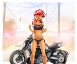 Size: 3072x2557 | Tagged: suggestive, alternate version, artist:slackerburst, derpibooru import, sunset shimmer, equestria girls, belly button, black underwear, blushing, boob window, breasts, cleavage, clothes, cosplay, costume, female, lidded eyes, looking at you, motorcycle, okami-san, open mouth, solo, solo female, underwear