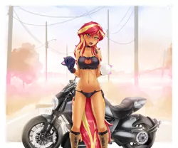 Size: 3072x2557 | Tagged: suggestive, alternate version, artist:slackerburst, derpibooru import, sunset shimmer, equestria girls, black underwear, blushing, boob window, breasts, cleavage, clothes, cosplay, costume, female, lidded eyes, looking at you, motorcycle, okami-san, open mouth, panties, solo, solo female, underwear