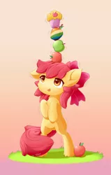 Size: 1050x1650 | Tagged: safe, artist:symbianl, derpibooru import, apple bloom, earth pony, pony, adorabloom, apple, balancing, bipedal, bow, cheek fluff, cute, ear down, ear fluff, female, filly, food, gradient background, green apple, hair bow, hooves to the chest, leg fluff, muffin, neck fluff, solo, tongue out, zap apple
