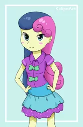 Size: 1438x2178 | Tagged: safe, artist:kalipoart, derpibooru import, bon bon, sweetie drops, equestria girls, clothes, female, hands on hip, smiling, solo