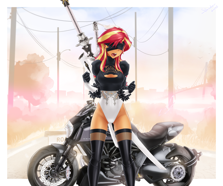 Size: 3072x2557 | Tagged: safe, alternate version, artist:slackerburst, derpibooru import, sunset shimmer, equestria girls, blindfold, blushing, breasts, cleavage, clothes, cosplay, costume, motorcycle, nier: automata, noir, open mouth