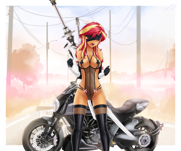 Size: 3072x2557 | Tagged: questionable, alternate version, artist:slackerburst, derpibooru import, sunset shimmer, equestria girls, belly button, blindfold, blushing, breasts, cleavage, clothes, cosplay, costume, covered nipples, covering, female, latex, latex socks, motorcycle, nier: automata, open mouth, see-through, socks, solo, solo female, stockings, sword, thigh highs, weapon