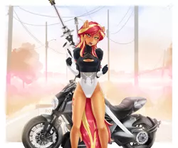 Size: 3072x2557 | Tagged: suggestive, alternate version, artist:slackerburst, derpibooru import, sunset shimmer, anthro, equestria girls, blushing, breasts, cleavage, clothes, cosplay, costume, female, lidded eyes, looking at you, motorcycle, nier: automata, open mouth, solo, solo female, sword, weapon