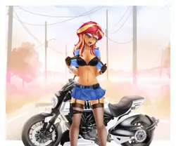 Size: 3072x2557 | Tagged: suggestive, alternate version, artist:slackerburst, derpibooru import, sunset shimmer, equestria girls, black underwear, blushing, breasts, cleavage, clothes, cuffs, female, handcuffed, lidded eyes, looking at you, motorcycle, open clothes, open mouth, open shirt, police officer, see-through, socks, solo, solo female, stockings, sunglasses, thigh highs, underwear, undressing