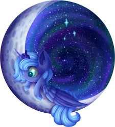 Size: 2653x2950 | Tagged: safe, artist:aquapegasus, derpibooru import, princess luna, alicorn, pony, crescent moon, crown, cute, ear fluff, female, filly, galaxy, high res, hoof shoes, jewelry, lunabetes, mare, moon, profile, redraw, regalia, solo, space, stars, tangible heavenly object, woona, younger