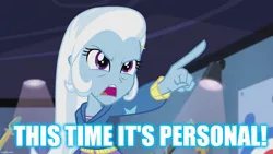 Size: 1280x720 | Tagged: safe, derpibooru import, edit, edited screencap, screencap, trixie, equestria girls, guitar centered, rainbow rocks, caption, image macro, jaws, meme, reference, text, trixie yells at everything