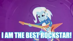 Size: 1280x720 | Tagged: safe, derpibooru import, edit, edited screencap, screencap, trixie, equestria girls, guitar centered, rainbow rocks, caption, guitar, image macro, meme, musical instrument, text, trixie yells at everything