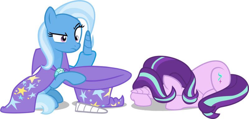 Size: 1855x887 | Tagged: safe, artist:8-notes, artist:cheezedoodle96, artist:crystalmagic6, artist:sketchmcreations, derpibooru import, editor:slayerbvc, starlight glimmer, trixie, unicorn, cape, clothes, confused, detachable horn, earth pony trixie, female, hat, horn, magic trick, mare, modular, oops, out of trixie's hat, simple background, sitting, transparent background, trixie's cape, trixie's hat, whoops