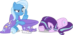 Size: 1855x887 | Tagged: safe, artist:8-notes, artist:cheezedoodle96, artist:crystalmagic6, artist:sketchmcreations, derpibooru import, editor:slayerbvc, starlight glimmer, trixie, unicorn, cape, clothes, confused, detachable horn, earth pony trixie, female, hat, horn, magic trick, mare, modular, oops, out of trixie's hat, simple background, sitting, transparent background, trixie's cape, trixie's hat, whoops