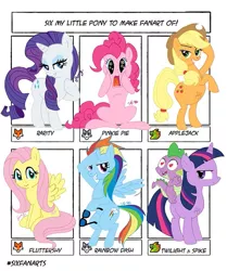 Size: 743x888 | Tagged: safe, artist:the_fox_the_wolf_the_dragon, derpibooru import, applejack, fluttershy, pinkie pie, rainbow dash, rarity, spike, twilight sparkle, dragon, earth pony, pegasus, pony, unicorn, six fanarts, bedroom eyes, bipedal, cheek squish, collaboration, eyelashes, female, hat, heart eyes, hoof hold, male, mane seven, mane six, mare, raised hoof, rearing, riding, salute, sitting, smiling, squishy cheeks, starry eyes, sunglasses, unicorn twilight, wingding eyes