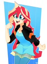 Size: 2356x3192 | Tagged: safe, artist:xan-gelx, derpibooru import, sunset shimmer, equestria girls, abstract background, beautiful, beautisexy, blue eyes, clothes, cute, female, happy, human coloration, jacket, open mouth, pants, shimmerbetes, solo