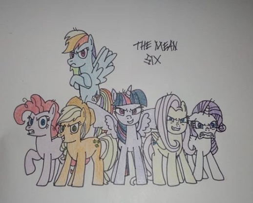 Size: 518x417 | Tagged: safe, artist:agirlwholovesmlp, derpibooru import, mean applejack, mean fluttershy, mean pinkie pie, mean rainbow dash, mean rarity, mean twilight sparkle, twilight sparkle, twilight sparkle (alicorn), alicorn, earth pony, pegasus, pony, unicorn, the mean 6, applejack's hat, clone, cowboy hat, female, hat, mare, mean six, simple background, text, traditional art, white background