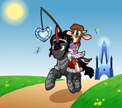 Size: 1800x1600 | Tagged: safe, artist:redahfuhrerking, derpibooru import, arizona cow, king sombra, princess flurry heart, butterfly, cow, pony, them's fightin' herds, carrot on a stick, community related, cows riding ponies, crystal empire, crystal heart, cute, flurrybetes, ponies riding ponies, riding, silly, sombradorable