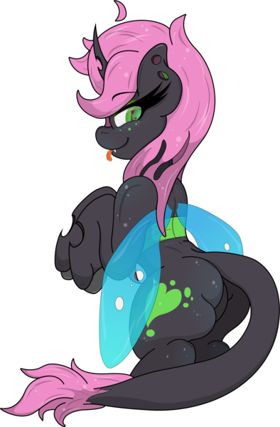 Size: 2164x3299 | Tagged: safe, artist:lunarcipher1, derpibooru import, oc, oc:oculus, unofficial characters only, changeling, ass, butt, fangs, female, green changeling, insect wings, long mane, looking at you, rear view, seductive, simple background, solo, tongue out, transparent background, wingding eyes, wings