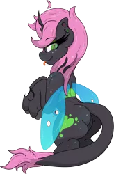 Size: 2164x3299 | Tagged: safe, artist:lunarcipher1, derpibooru import, oc, oc:oculus, unofficial characters only, changeling, ass, butt, fangs, female, green changeling, insect wings, long mane, looking at you, rear view, seductive, simple background, solo, tongue out, transparent background, wingding eyes, wings