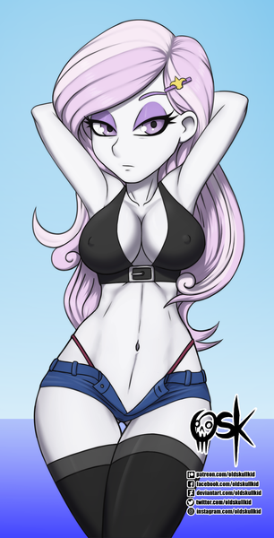 Size: 1021x2000 | Tagged: suggestive, alternate version, artist:oldskullkid, derpibooru import, fleur-de-lis, equestria girls, arm behind head, armpits, bedroom eyes, belly button, bikini, breasts, clothes, commission, erect nipples, eyeshadow, female, image, looking at you, makeup, micro bikini, miss fleur is trying to seduce us, nipple outline, open clothes, open fly, panties, png, sexy, short jeans, socks, solo, solo female, stockings, stupid sexy fleur-de-lis, swimsuit, thigh highs, thong, underwear, wide hips