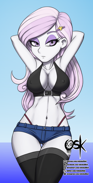 Size: 1021x2000 | Tagged: suggestive, alternate version, artist:oldskullkid, derpibooru import, fleur-de-lis, equestria girls, arm behind head, armpits, bedroom eyes, belly button, bikini, breasts, clothes, commission, erect nipples, eyeshadow, female, image, looking at you, makeup, micro bikini, miss fleur is trying to seduce us, nipple outline, panties, png, sexy, short jeans, socks, solo, solo female, stockings, stupid sexy fleur-de-lis, swimsuit, thigh highs, thong, underwear, wide hips