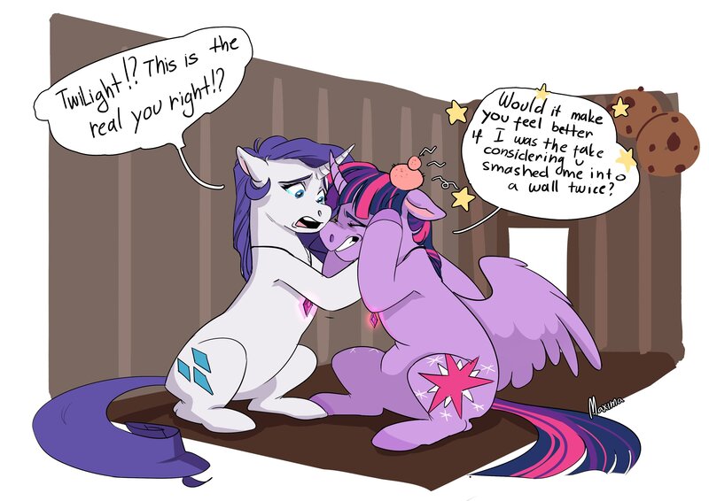 Size: 3508x2480 | Tagged: safe, artist:maxiima, derpibooru import, rarity, twilight sparkle, twilight sparkle (alicorn), alicorn, pony, unicorn, fanfic:the enchanted kingdom, bump, crying, dialogue, fanfic art, female, holding head, lesbian, rarilight, scene interpretation, shipping