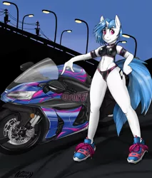 Size: 2326x2732 | Tagged: suggestive, artist:nosch, derpibooru import, vinyl scratch, anthro, plantigrade anthro, unicorn, belly button, breasts, busty vinyl scratch, clothes, female, latex, latex bra, latex panties, looking at you, motorcycle, pointing, shoes, skimpy outfit, smiling, sneakers, sports bra, sports panties