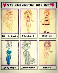 Size: 975x1218 | Tagged: animal, anthro, artist:lovley_violet_, blossom (powerpuff girls), cat, clothes, crossover, derpibooru import, dork diaries(book series), female, human, humanized, jayfeather, judy hopps, rabbit, rarity, safe, six fanarts, skirt, the powerpuff girls, traditional art, warrior cats, zootopia