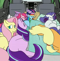 Size: 2437x2480 | Tagged: safe, artist:gryphon bbq, derpibooru import, applejack, fluttershy, pinkie pie, rainbow dash, rarity, starlight glimmer, twilight sparkle, twilight sparkle (alicorn), alicorn, earth pony, pegasus, pony, unicorn, blanket, car, cuddle puddle, cuddling, cute, female, group, high res, looking at you, looking back, looking back at you, lying down, mane six, mare, missing cutie mark, open mouth, ponified animal photo, pony pile, sleeping, snot bubble, tongue out, vehicle