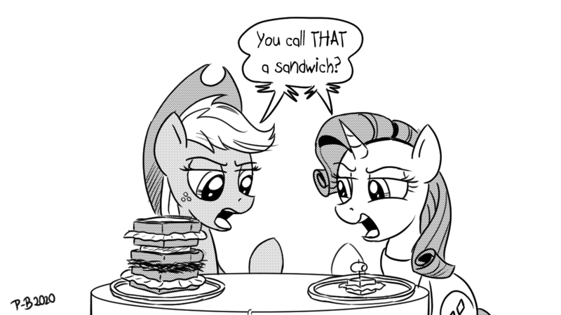 Size: 1200x675 | Tagged: safe, artist:pony-berserker, derpibooru import, applejack, rarity, earth pony, pony, unicorn, black and white, duo, female, food, grayscale, mare, monochrome, olive, pony-berserker's twitter sketches, sandwich, simple background, size comparison, size difference, size matters, sketch, speech bubble, stippling, white background