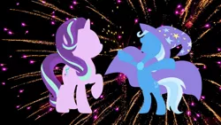 Size: 1280x720 | Tagged: safe, artist:creativa-artly01, derpibooru import, edit, starlight glimmer, trixie, pony, unicorn, cape, clothes, female, fireworks, hat, lineless, mare, silhouette, wallpaper, wallpaper edit