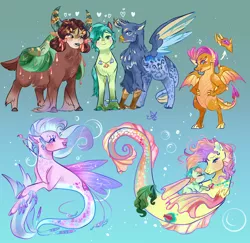 Size: 2060x2000 | Tagged: safe, artist:bunnari, derpibooru import, coral currents, gallus, high tide (g4), ocellus, sandbar, silverstream, smolder, yona, classical hippogriff, dragon, earth pony, gryphon, hippogriff, merpony, pony, seapony (g4), yak, alternate design, bisexual, bow, cloven hooves, colored hooves, dragoness, female, gallbar, galyona, galyonabar, gay, hair bow, jewelry, male, monkey swings, necklace, polyamory, shipping, story included, straight, student six, teenager, underwater, yona gets all the stallions, yonabar