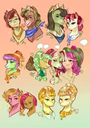 Size: 1200x1700 | Tagged: safe, artist:bunnari, derpibooru import, apple rose, aunt orange, auntie applesauce, babs seed, goldie delicious, happy trails, pokey oaks, prairie tune, sew 'n sow, sunflower (character), oc, oc:lemon liqueur, pony, apple family member, bust, portrait, younger