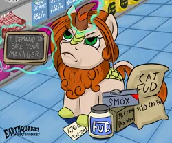 Size: 1160x963 | Tagged: alcohol, angry, artist:earthquake87, cat food, chalkboard, coupon, derpibooru import, expired, groceries, grocery store, jar, karen, kirin, looking up, magic, matchbook, oc, pun, safe, telekinesis, text, this will end in fire, this will end in firing, this will end in lawsuits, this will end in nirik, this will end in rage, unnamed oc, unofficial characters only, wine