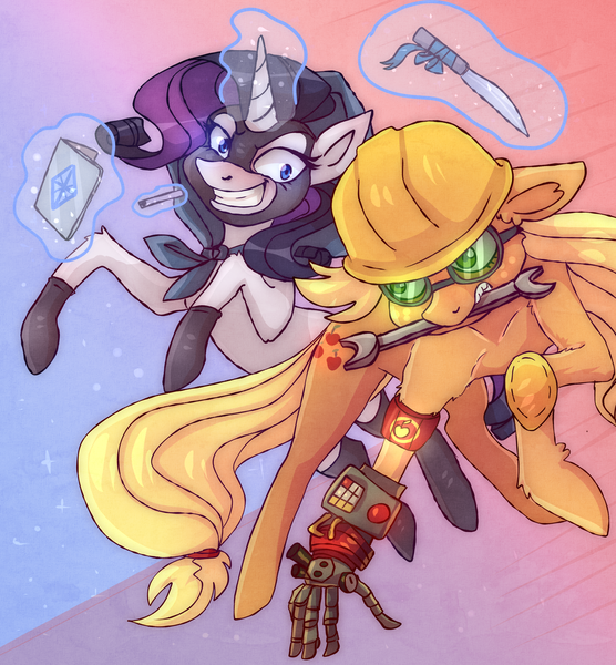 Size: 3000x3240 | Tagged: safe, artist:theswingingcat, derpibooru import, applejack, rarity, earth pony, pony, unicorn, cigarette, crossover, duo, engiejack, female, gunslinger (tf2), helmet, knife, magic, mare, mouth hold, rarispy, team fortress 2, telekinesis