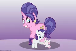 Size: 4500x3000 | Tagged: safe, artist:mrkat7214, derpibooru import, part of a set, cookie crumbles, rarity, sweetie belle, pony, unicorn, baby, baby belle, baby pony, baby sweetie belle, cute, ear piercing, earring, female, filly, filly rarity, grin, high res, hoofbump, jewelry, mother and child, mother and daughter, mother's day, piercing, raised hoof, siblings, sisters, smiling, trio, younger