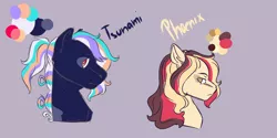 Size: 2000x1000 | Tagged: artist:kiwigoat-art, bust, color palette, derpibooru import, duo, gray background, half-siblings, oc, oc:phoenix, oc:tsunami, offspring, parent:dumbbell, parent:rainbow dash, parents:dumbdash, parent:soarin', parents:soarindash, pegasus, safe, simple background