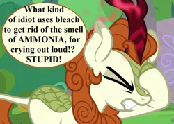 Size: 1008x720 | Tagged: angry, autumn blaze, chemistry, cropped, derpibooru import, edit, edited screencap, implied moron, mustard gas, safe, screencap, sounds of silence, speech, speech bubble, talking, this will end in nirik