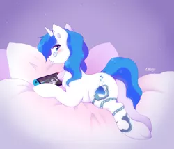 Size: 2000x1710 | Tagged: safe, artist:okity, derpibooru import, oc, oc:mind, unofficial characters only, pony, unicorn, bed, blushing, chest fluff, commission, cutie mark, female, glasses, laying on bed, mare, nintendo switch, on bed, rocket league, solo, tattoo, ych result