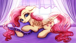 Size: 5000x2812 | Tagged: safe, artist:mite-lime, derpibooru import, fluttershy, pegasus, pony, blushing, chest fluff, curtain, cute, ear fluff, female, high res, leg fluff, looking at you, lying, mare, morning, pillow, prone, shyabetes, solo, wallpaper