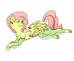 Size: 1280x1067 | Tagged: safe, artist:somelazyassartist, derpibooru import, fluttershy, pegasus, pony, alternate hairstyle, beauty mark, chest fluff, clothes, detached sleeves, ear piercing, earring, flower, happy, jewelry, lying down, piercing, see-through, simple background, skirt, smiling, solo, transparent background