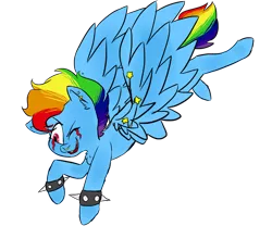 Size: 1280x1067 | Tagged: safe, artist:somelazyassartist, derpibooru import, rainbow dash, pegasus, pony, alternate hairstyle, chest fluff, clothes, ear piercing, earring, flying, happy, jewelry, makeup, one eye closed, piercing, simple background, smiling, solo, spiked bracers, transparent background, wink