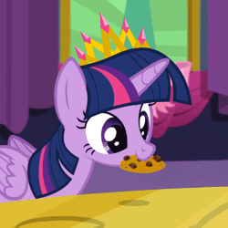 Size: 1000x1000 | Tagged: safe, derpibooru import, edit, edited screencap, editor:lolledits, screencap, twilight sparkle, twilight sparkle (alicorn), alicorn, pony, no second prances, adorkable, animated, chewing, chewing ponies, cookie, cropped, crown, cute, dork, eating, female, food, gif, jewelry, mare, nom, proper silverware placement, regalia, solo, twiabetes