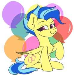 Size: 1280x1293 | Tagged: safe, artist:cadetredshirt, derpibooru import, oc, oc:koa, unofficial characters only, pegasus, pony, balloon, looking at you, simple background, sitting, smiling, smirk, solo, transparent background, two toned mane, two toned tail