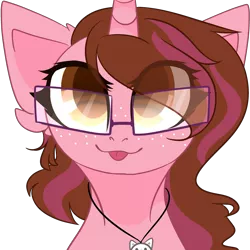 Size: 2500x2500 | Tagged: safe, artist:bublebee123, derpibooru import, oc, oc:opacity, pony, unicorn, :p, cute, ear fluff, female, freckles, glasses, jewelry, mare, necklace, ocbetes, simple background, solo, tongue out, transparent background