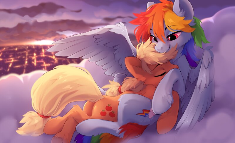 Size: 3600x2200 | Tagged: safe, artist:frayvuir, artist:reysi, derpibooru import, applejack, rainbow dash, earth pony, pegasus, pony, appledash, cloud, cuddling, cute, explicit source, female, hug, image, jpeg, lesbian, lying on a cloud, mare, on a cloud, shipping, sky, sleeping, wholesome