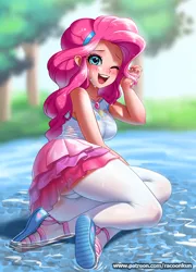 Size: 793x1100 | Tagged: suggestive, artist:racoonsan, derpibooru import, pinkie pie, equestria girls, adorasexy, blushing, breasts, busty pinkie pie, clothes, commission, cute, diapinkes, geode of sugar bombs, human coloration, jewelry, looking at you, magical geodes, necklace, one eye closed, open mouth, pantyhose, sandals, sexy, skirt, solo, thighs, upskirt, water, wet, wet clothes, wink