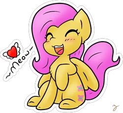 Size: 1095x1013 | Tagged: safe, artist:zutcha, derpibooru import, fluttershy, pegasus, pony, behaving like a cat, blushing, chest fluff, cute, female, happy, heart, shyabetes, simple background, smiling, solo, transparent background