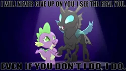 Size: 1641x927 | Tagged: a changeling can change, changeling, derpibooru import, dragon, duo, edit, edited screencap, editor:undeadponysoldier, happy, holding hoof, male, safe, screencap, song reference, spike, the real you, thorax, three days grace