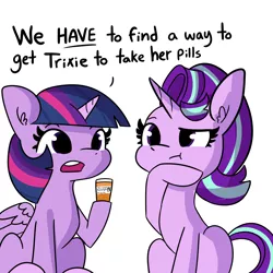 Size: 2250x2250 | Tagged: safe, artist:tjpones, derpibooru import, part of a set, starlight glimmer, twilight sparkle, twilight sparkle (alicorn), alicorn, pony, unicorn, bottle, dialogue, duo, female, high res, hoof on chin, implied trixie, mare, medicine, simple background, sitting, white background