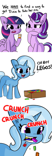 Size: 2250x6750 | Tagged: safe, artist:tjpones, derpibooru import, edit, starlight glimmer, trixie, twilight sparkle, twilight sparkle (alicorn), alicorn, pony, unicorn, bottle, comic, crunch, cute, diatrixes, eating, female, hoof on chin, lego, mare, medicine, missing cutie mark, pica, pills, simple background, sitting, this will end in a trip to the dentist, wat, white background